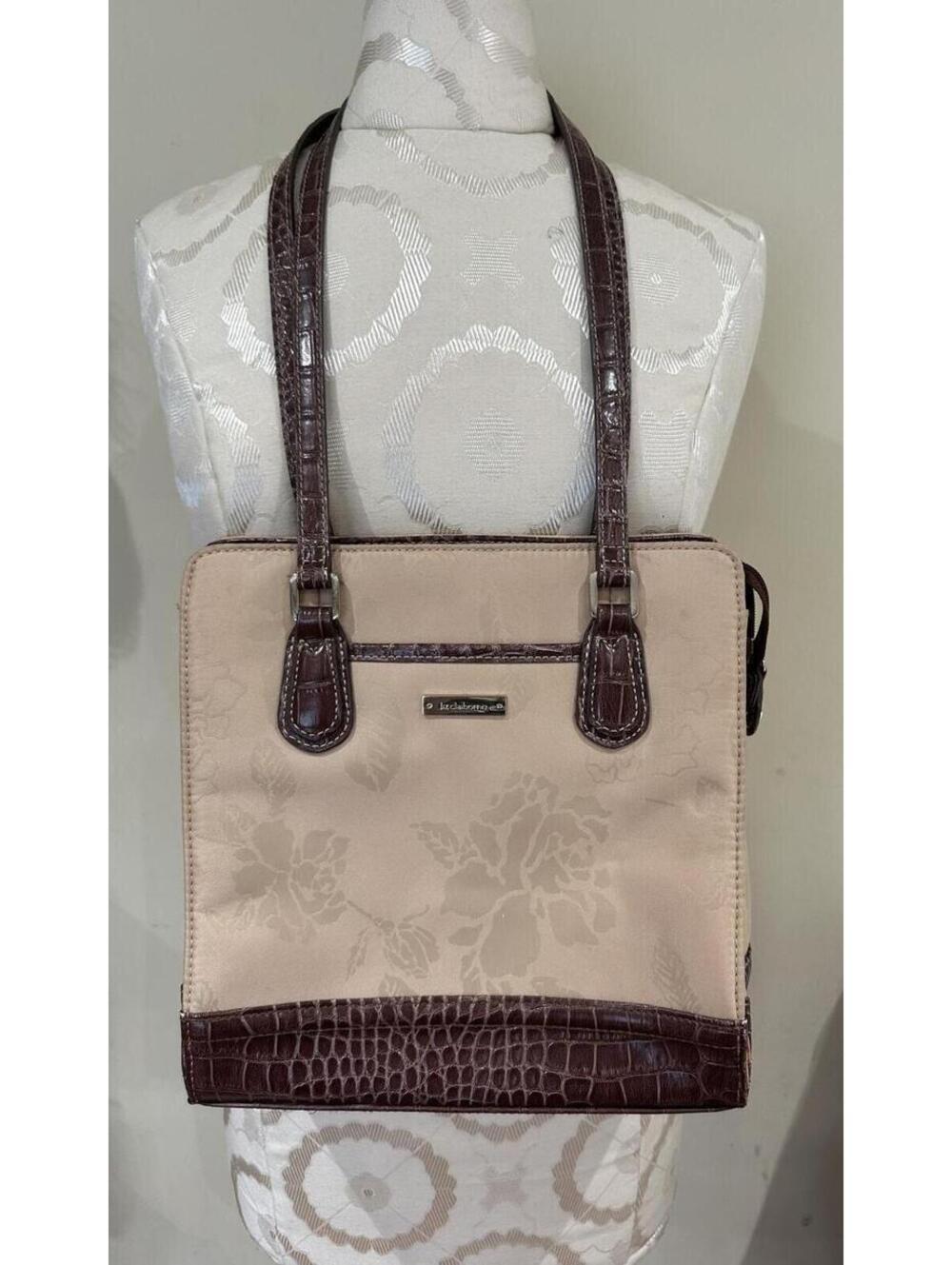 Liz Claiborne Beige Floral Handbag/Tote bag with Brown Faux Croc Trim and Handle